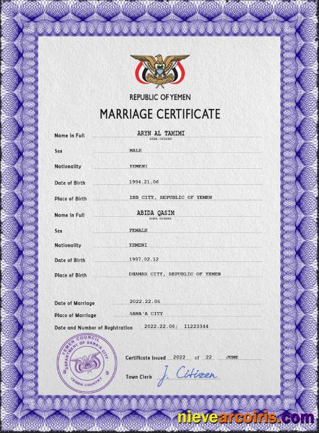 Yemen marriage certificate
